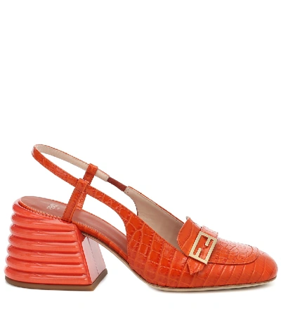 Shop Fendi Promenade Croc-effect Slingback Leather Pumps In Red