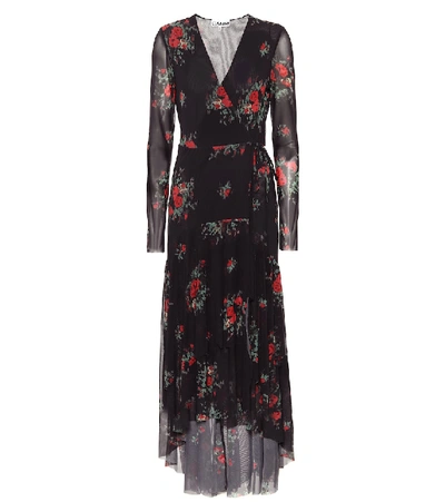 Shop Ganni Floral Mesh Midi Wrap Dress In Black