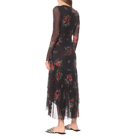 Shop Ganni Floral Mesh Midi Wrap Dress In Black