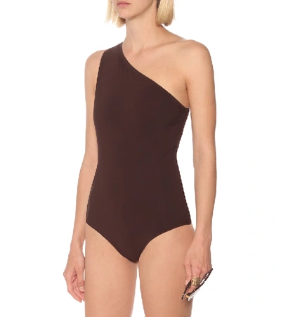 Shop Bottega Veneta One-shoulder Swimsuit In Brown