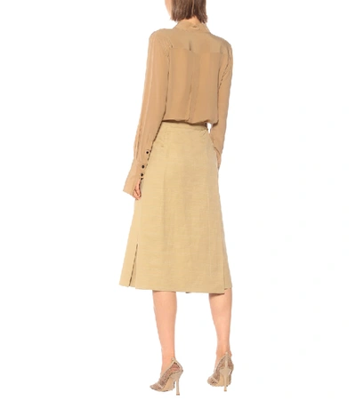 Shop Victoria Beckham Belted Linen And Cotton Midi Skirt In Beige