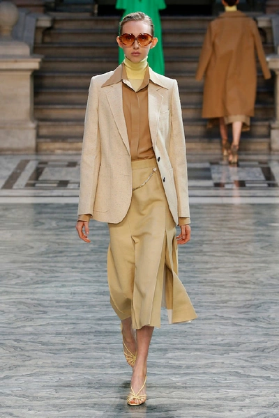 Shop Victoria Beckham Belted Linen And Cotton Midi Skirt In Beige