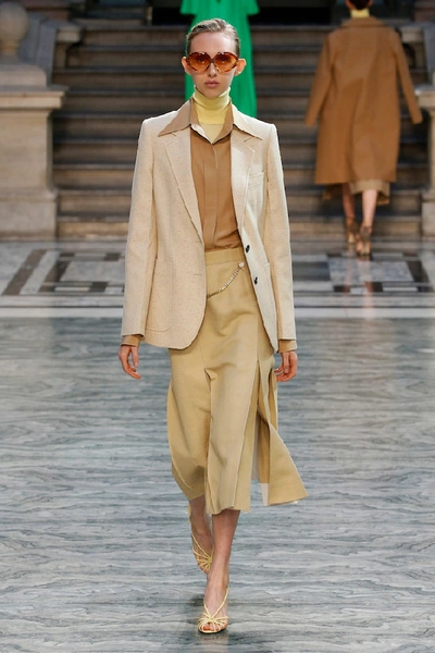 Victoria Beckham Chain-embellished Linen And Cotton-blend Midi Skirt In Beige