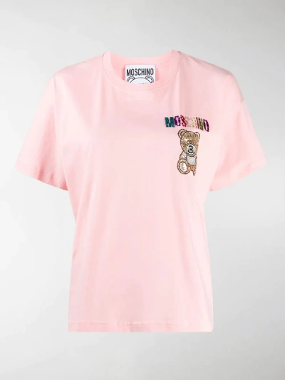 Shop Moschino Crystal Teddy Logo T-shirt In Pink