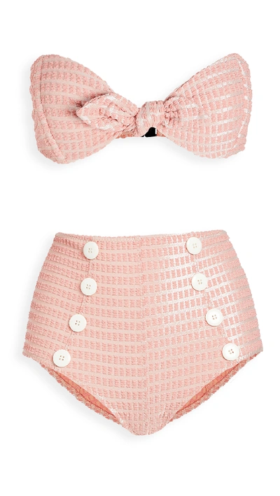 Shop Lisa Marie Fernandez Poppy Button High Waist Bikini Set In Pink Metallic Jacquard