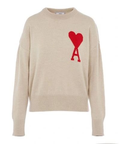 Shop Ami Alexandre Mattiussi Ami De Coeur Knitted Logo Jumper In Argile