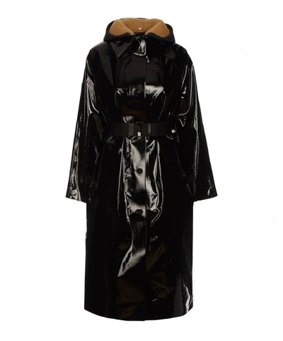 Shop Kassl Editions Sheepskin Hood Lacquered Coat In Black