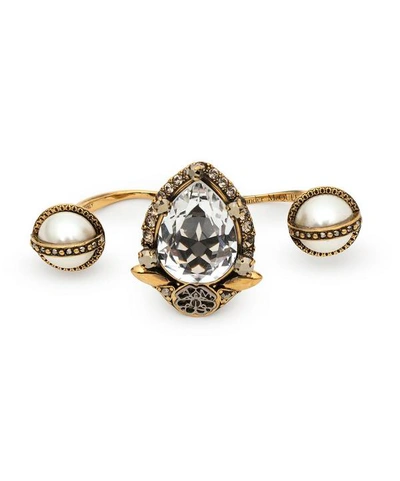 Shop Alexander Mcqueen Signature Jewelled Double Ring In Gold-tone