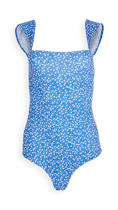 Shop Plush Floral Cap Sleeve Thong Bodysuit In Blue