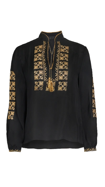 Shop Nili Lotan Karina Palestinian Embroidered Top In Black With Gold Embroidery