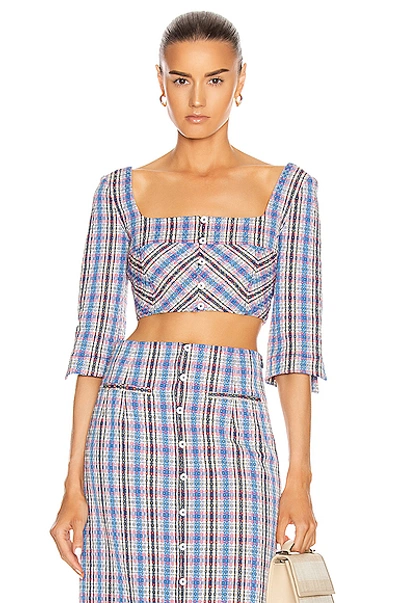 Shop Rosie Assoulin 3/4 Sleeve Crop Top In Blue Plaid