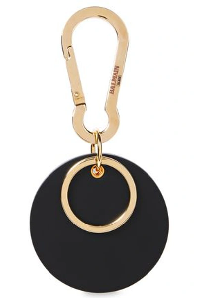 Shop Balmain Gold-tone And Embossed Leather Keychain In Black