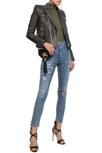 Shop Balmain Lace-up Washed-leather Biker Jacket In Dark Gray