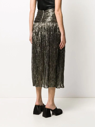 Shop Saint Laurent Metallic Pleated Midi Skirt In Gold