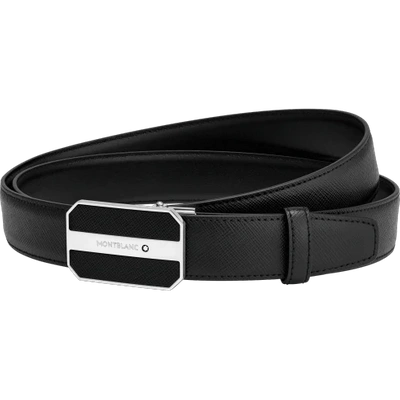 Shop Montblanc Octagonal Saffiano Leather & Shiny Palladium-coated Plate Buckle Belt In Black,grey