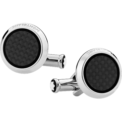 Montblanc Cufflinks, Round In Stainless Steel With Carbon-patterned Inlay In Silver