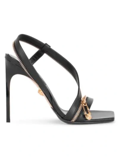 Shop Versace Safety Pin Zipper Leather Slingback Sandals In Nero
