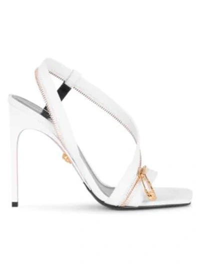 Shop Versace Women's Safety Pin Zipper Leather Slingback Sandals In Optic White