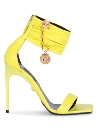 Shop Versace Women's Safety Pin Ankle-cuff Leather Sandals In Apple