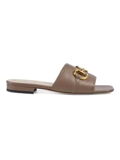 Shop Gucci Women's Leather Slide Sandals With Horsebit In Mud