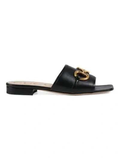 Shop Gucci Women's Leather Slide Sandals With Horsebit In Black