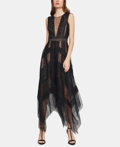 Shop Bcbgmaxazria Andi Asymmetrical Striped-lace Dress In Black