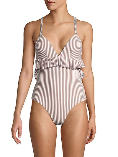 Shop Avec Les Filles Striped Ruffled One-piece Swimsuit In Chambray