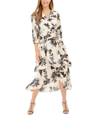 Shop Calvin Klein Belted Printed Tiered Dress In Blossom/black