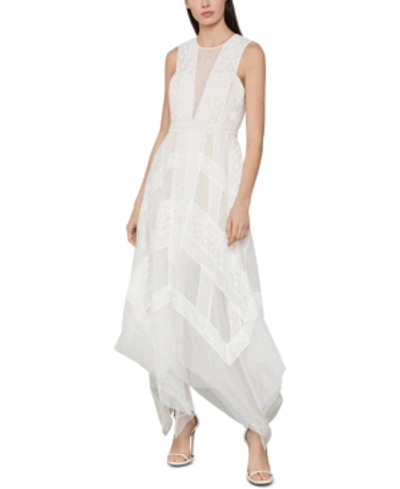 Shop Bcbgmaxazria Andi Asymmetrical Striped-lace Dress In Off White