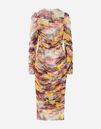 Shop Dolce & Gabbana Longuette Tulle Dress With Floral Print