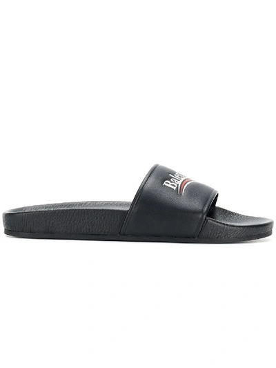 Shop Balenciaga Contrasting Logo Slide Sandals Black