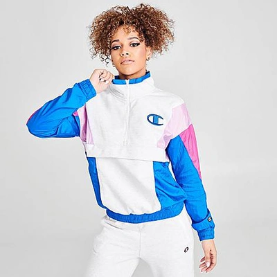 Shop Champion Women's Mixed Media Quarter-zip Windbreaker Jacket In White/blue