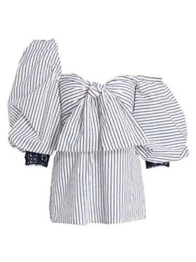 Shop Silvia Tcherassi Women's Aosta Striped Asymmetrical Puff-sleeve Blouse In White Blue