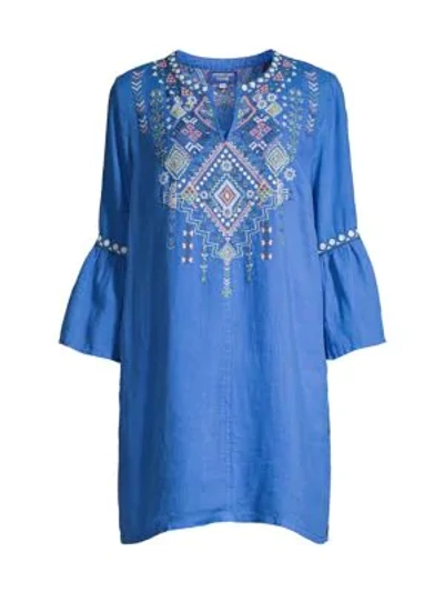 Shop Johnny Was Workshop Chiara Embroidered Linen Tunic Dress In Lapis