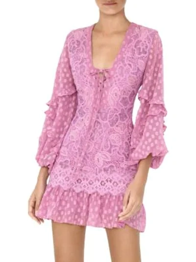 Shop Alexis Malicha Mixed Lace Long-sleeve Mini Dress In Lilac Macrame