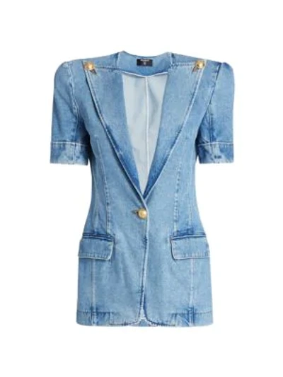 Shop Balmain Short-sleeve Denim Blazer In Blue Jean Clair