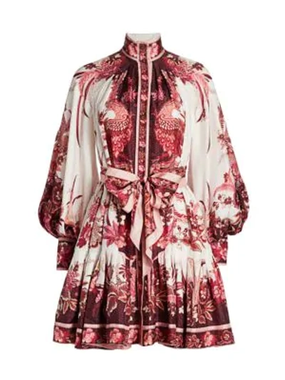 Shop Zimmermann Wavelength Blouson-sleeve Silk Dress In Pink Phoenix