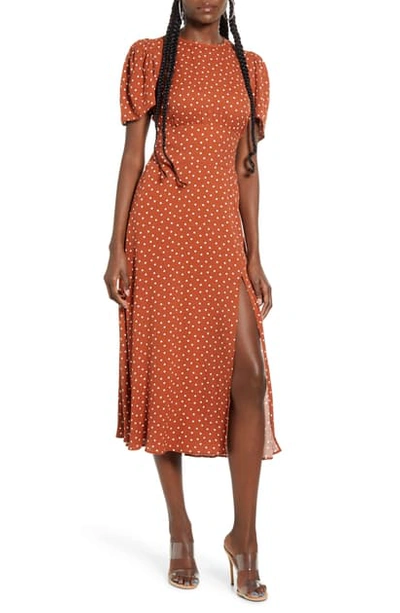 Shop Afrm Jamie Print Open Back Short Sleeve Dress In Ginger Polka Dot