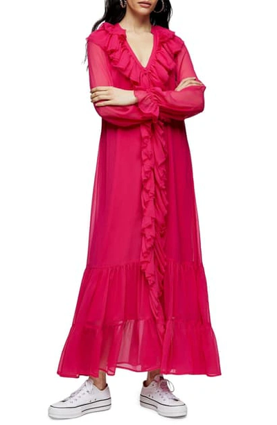 Shop Topshop Frill Chiffon Long Sleeve Maxi Dress In Pink