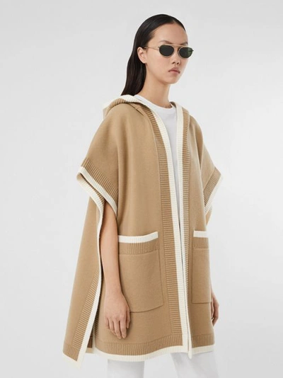 Shop Burberry Logo Graphic Wool Cashmere Jacquard Hooded Cape In Archive Beige