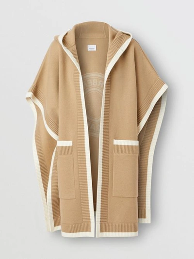 Shop Burberry Logo Graphic Wool Cashmere Jacquard Hooded Cape In Archive Beige