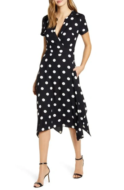 Shop Karl Lagerfeld Polka Dot Faux Wrap Front Dress In Black/ S.wht