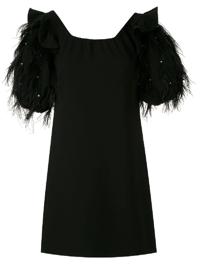 Shop Andrea Bogosian Feather Trim Puff-sleeves Dress In Black