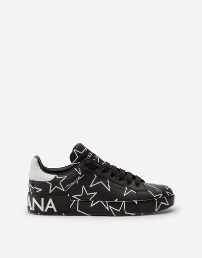 Shop Dolce & Gabbana Mixed Star Print Portofino Sneakers In Nappa Leather In Black