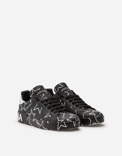 Shop Dolce & Gabbana Mixed Star Print Portofino Sneakers In Nappa Leather In Black