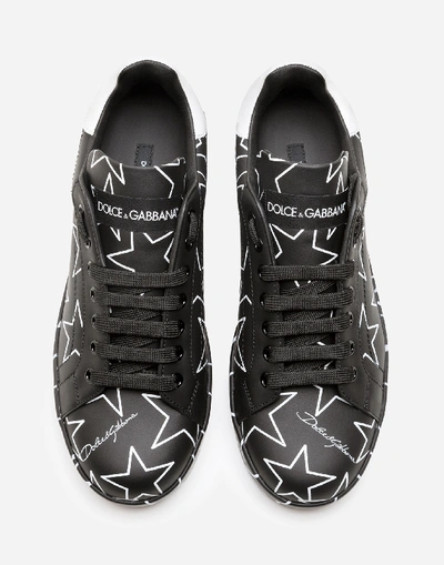 Shop Dolce & Gabbana Mixed Star Print Portofino Sneakers In Nappa Leather In Black