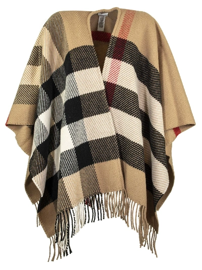 Shop Burberry Check Wool Cashmere Cape In Camel