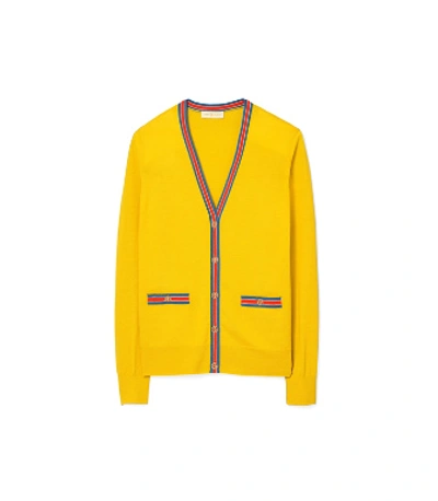 Shop Tory Burch Madeline Contrast-trim Cardigan In Golden Mojito/sailor Blue