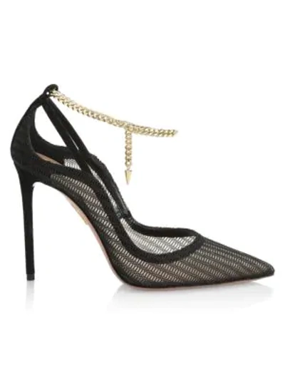 Shop Aquazzura Bond Girl Suede-trimmed Mesh Pumps In Black