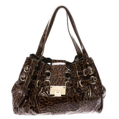 Pre-owned Jimmy Choo Brown Leopard Print Patent Leather Riki Shoulder Bag